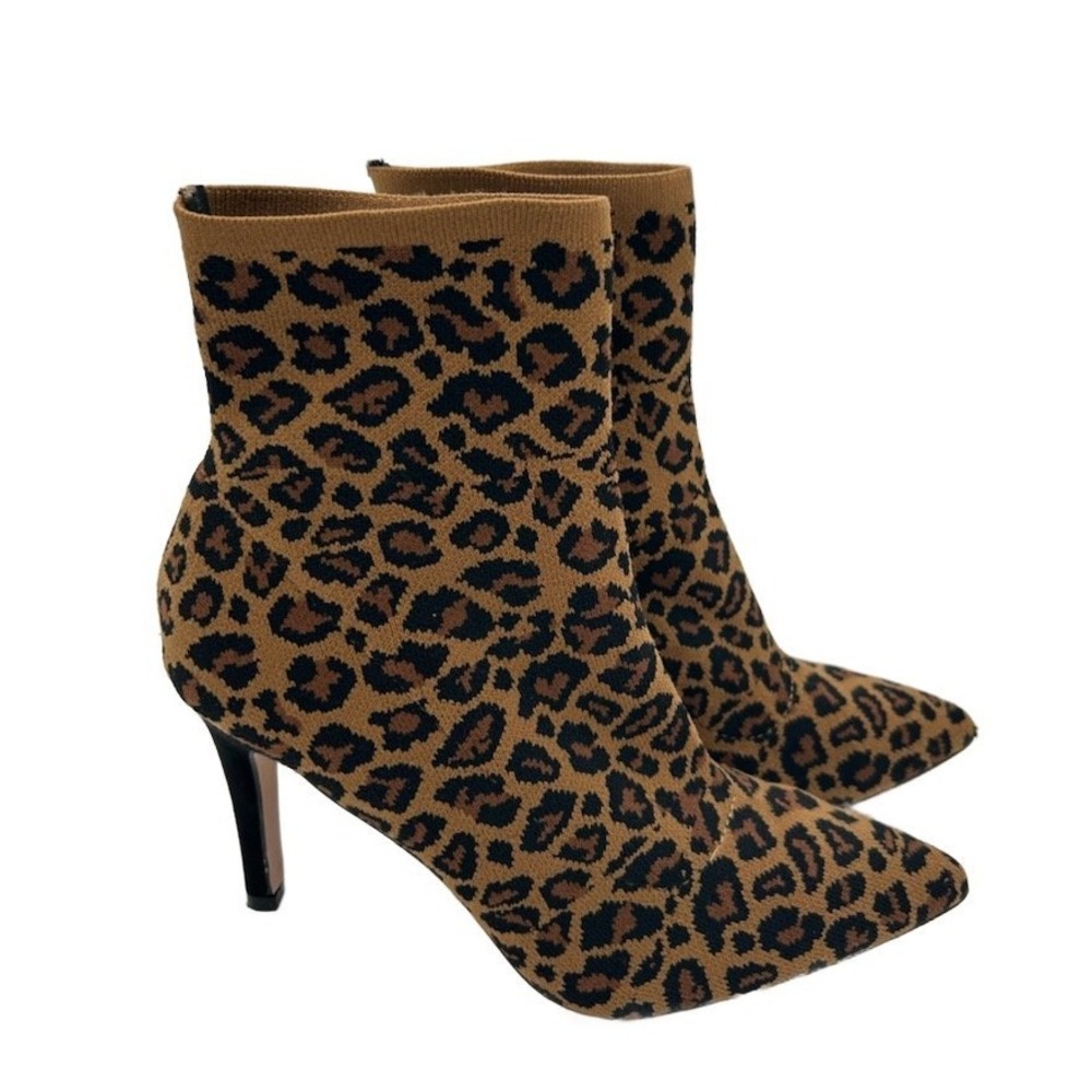 Mckinley Leopard Ankle Boots‎ Size 7.5M  Sock Booties Pointed Toe Stiletto Heel